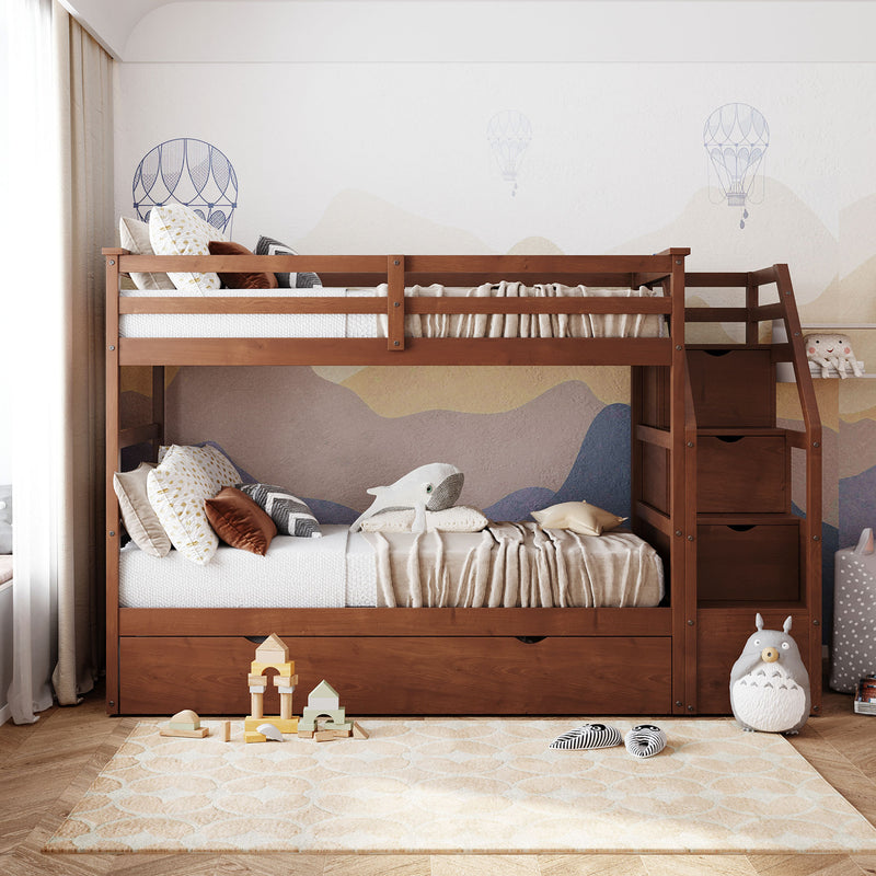 Twin-Over-Twin Bunk Bed with Twin Size Trundle and 3 Storage Stairs,Walnut (OLD SKU :LP000064AAD)