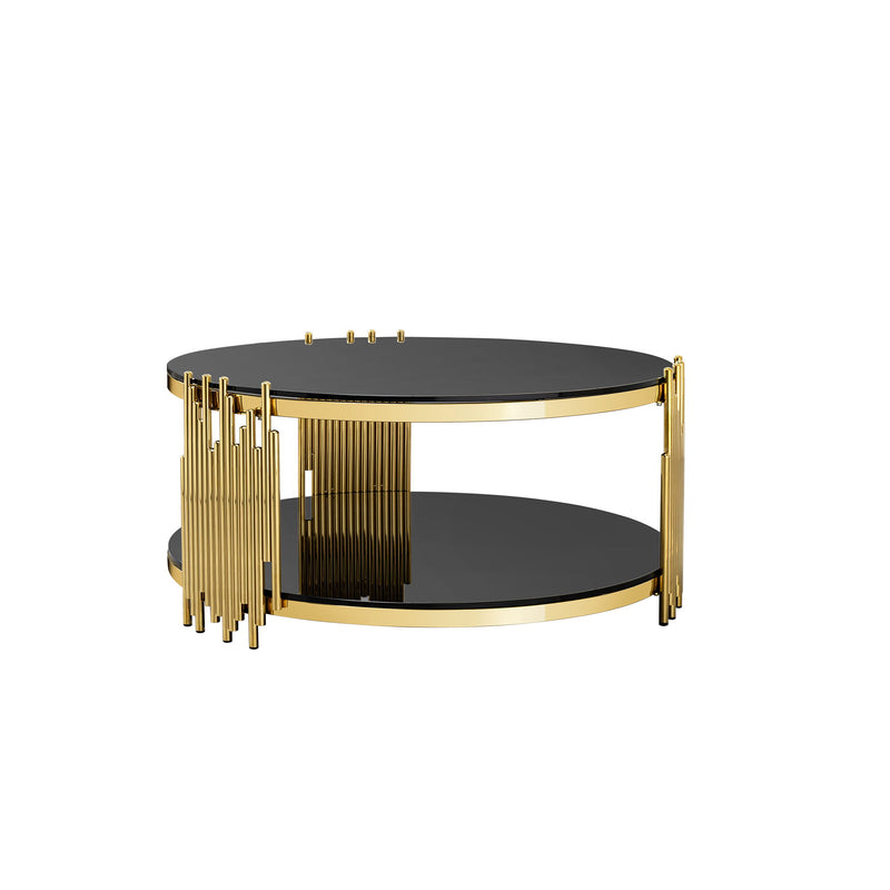 Double Layer Tempered Glass Top Stainless Steel Round Coffee Table For Living Room - Gold / Black