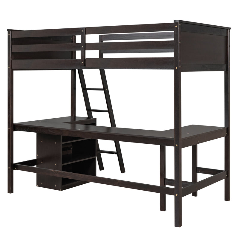 Twin size Loft Bed with Shelves and Desk, Wooden Loft Bed with Desk - Espresso(OLD SKU:LT000537AAP)