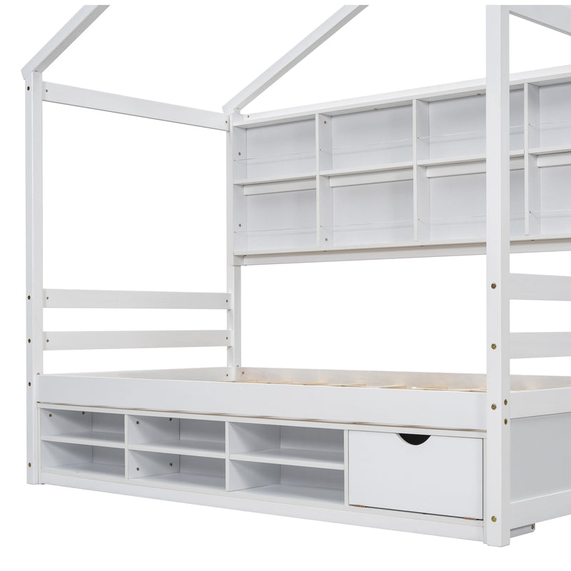 Twin House Bed with Roof Frame, Bedside-shelves, Under Bed Storage Unit,White