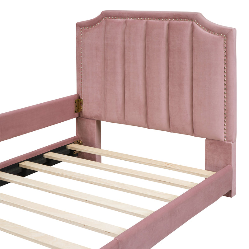 Twin Size Upholstered Daybed with Classic Stripe Shaped  Headboard, Pink