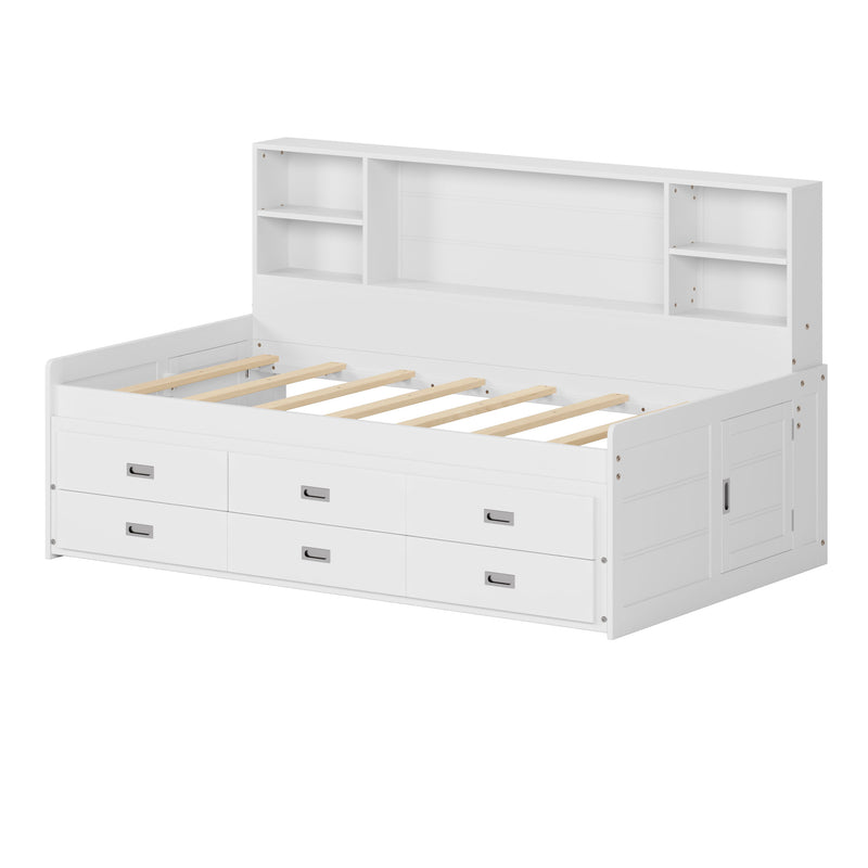 Twin Size Captain Daybed With Storage Bookcase Headboard, Captain Bed With Trundle And Three Storage Drawers For Kids Teens Dorm Bedroom Multipurpose Guest Room Or Home - White