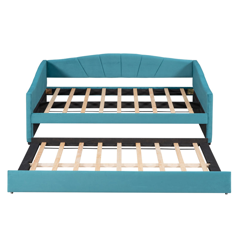 Twin Size Upholstered Daybed Sofa Bed With Trundle Bed And Wood Slat - Blue