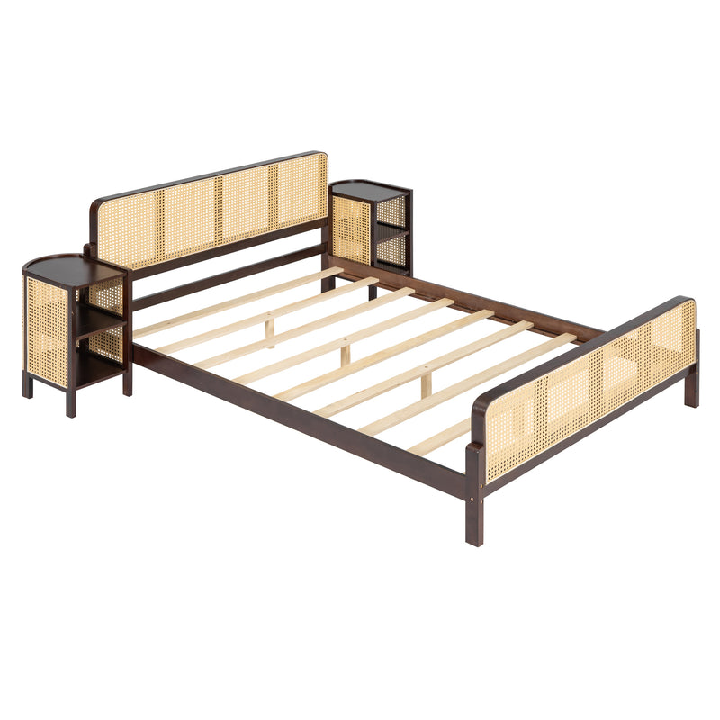 3 Pieces Rattan Platform Full Size Bed With 2 Nightstands,Walnut