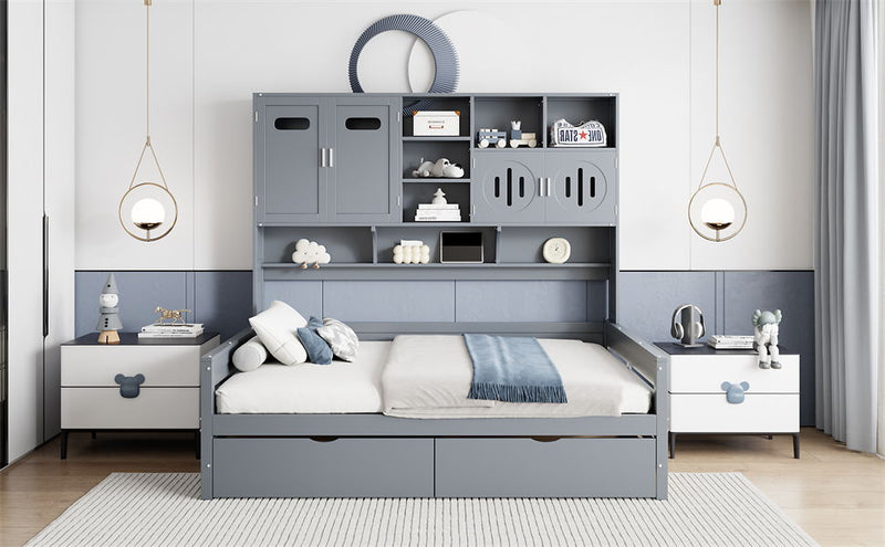 Wooden Daybed With 2 Drawers, And All-In-One Cabinet And Shelf