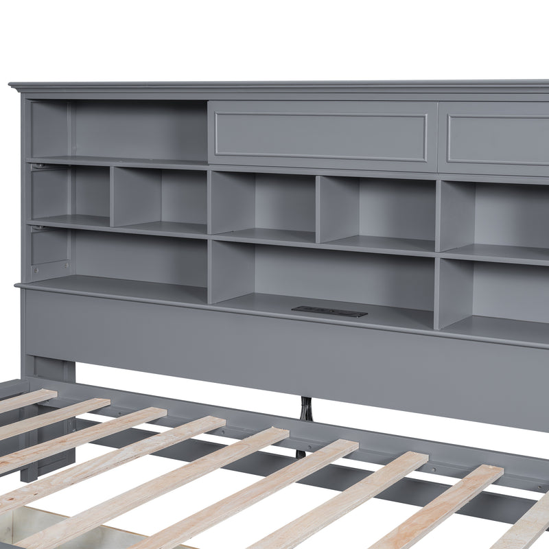 Twin Size Wood Daybed with Multi-Storage Shelves, Charging Station and 3 Drawers, Gray