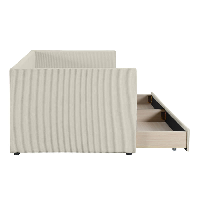 Twin Size Corduroy Daybed with Two Drawers and Wood Slat, Beige