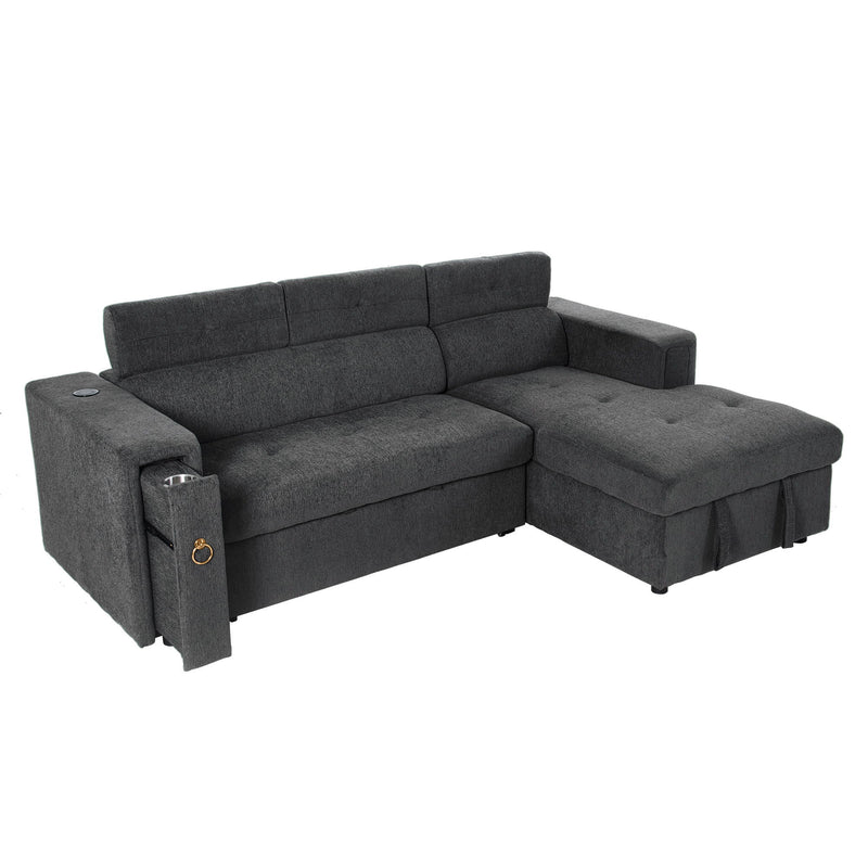 Multi-Functional Pull-Out Sofa Bed L-Shape Sectional Sofa With Adjustable Headrest, Wireless Charging, Cup Holders And Hidden Storage For Living Room