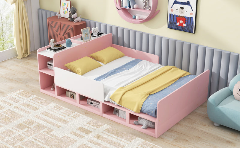 Wood Full Size Platform Bed with Storage Headboard, Guardrails and 4 Underneath Cabinets, Pink