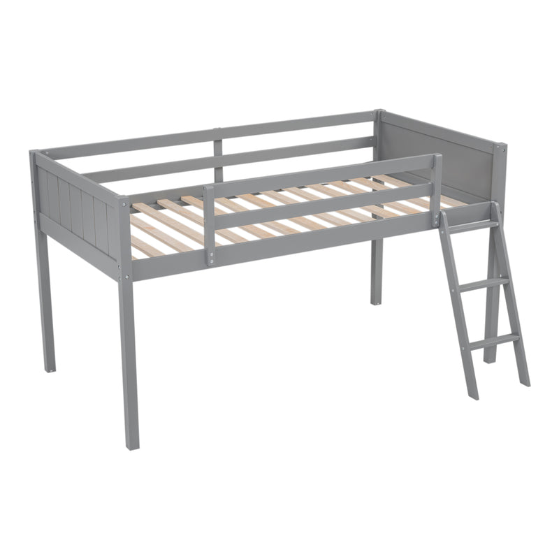 Twin Size Wood Loft Bed with Ladder, ladder can be placed on the left or right, Gray