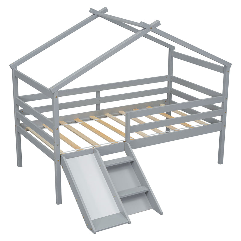 Low Loft House Bed With Slide, Ladder, Safety Guardrails, House Roof Frame