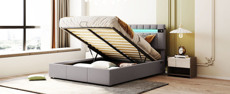 Queen Size Upholstered Bed With Led Light - Bluetooth Player And USB Charging, Hydraulic Storage Bed