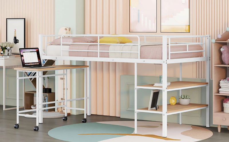 Twin Size Metal Loft Bed with Desk and Shelves,White