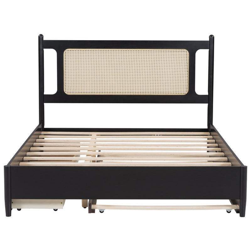 Wooden Rattan Platform Bed, With 2 Big Drawers & Trundle