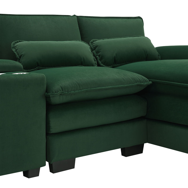 Modern U Shaped Sofa With Console, Cupholders And USB Ports, 6 Seat Upholstered Symmetrical Indoor Furniture, Sleeper Couch Set With Chaise For Living Room, Apartment, 5 Colors - Green