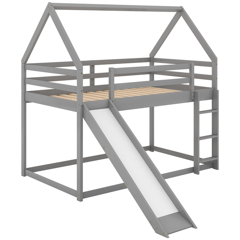 Twin Size Bunk House Bed with Slide and Ladder,Gray