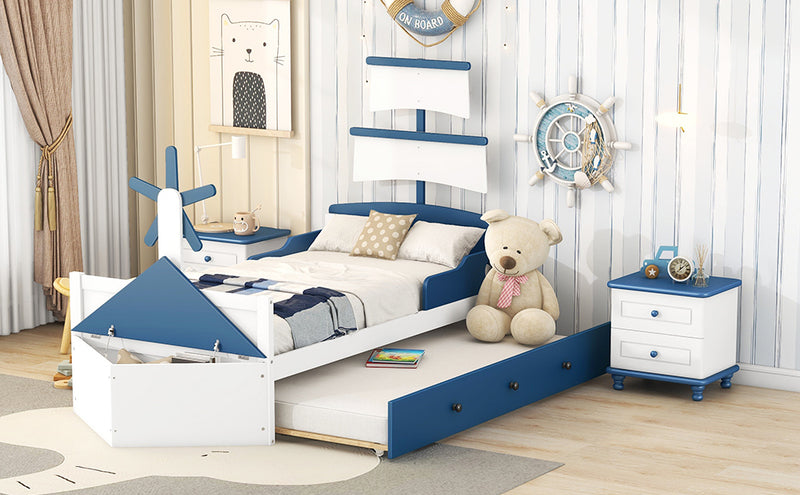 Twin Size Boat-Shaped Platform Bed with Twin size Trundle,Twin Bed with Storage for Bedroom,Blue