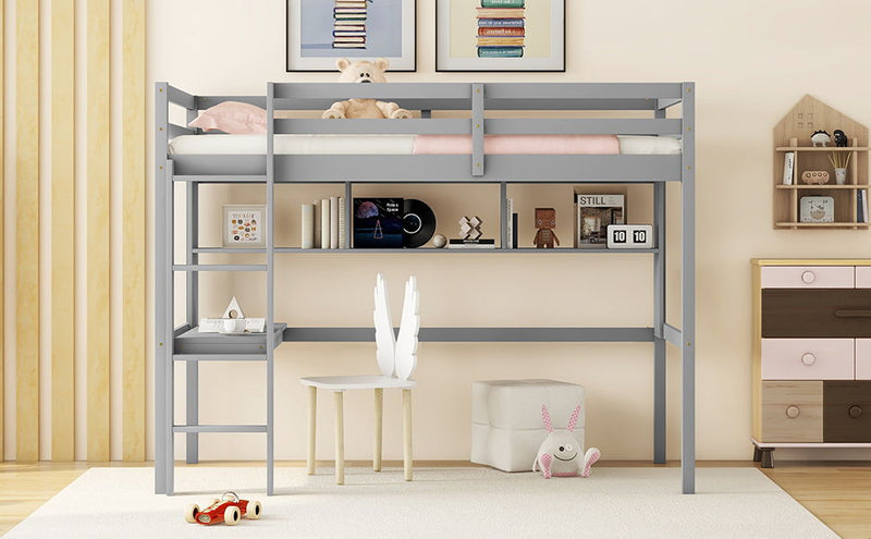 Loft Bed With Desk And Shelves, Safety Guardrail And Ladder