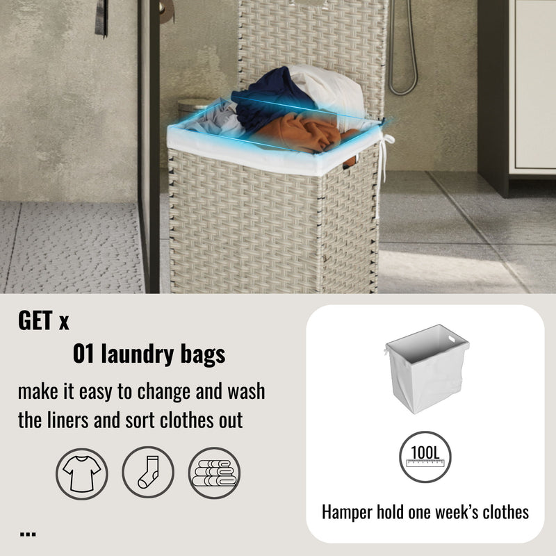 Laundry Hamper With Lid PE Rattan Powder Coating Frame Clothes Hampers With 2 Removable Bags