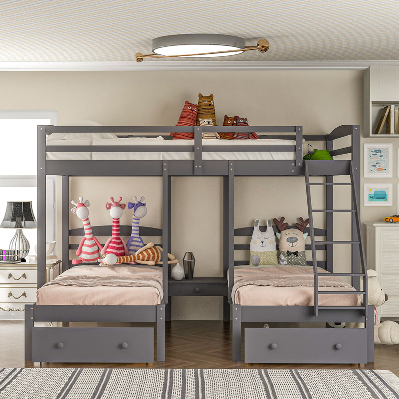 Full Over Twin & Twin Bunk Bed, Triple Bunk Bed With Drawers - Gray