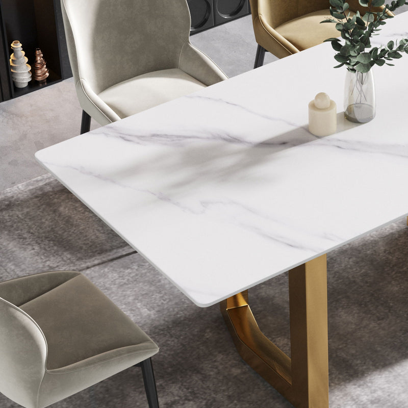 70.87" Modern Artificial Stone Straight Edge Golden Metal Leg Dining Table, Can Accommodate 6-8 People - White / Gold