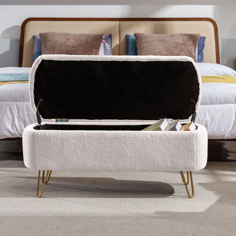 Storage Ottoman Bench For End Of Bed Gold Legs, Modern Camel Faux Fur Entryway Bench Upholstered Padded With Storage For Living Room Bedroom