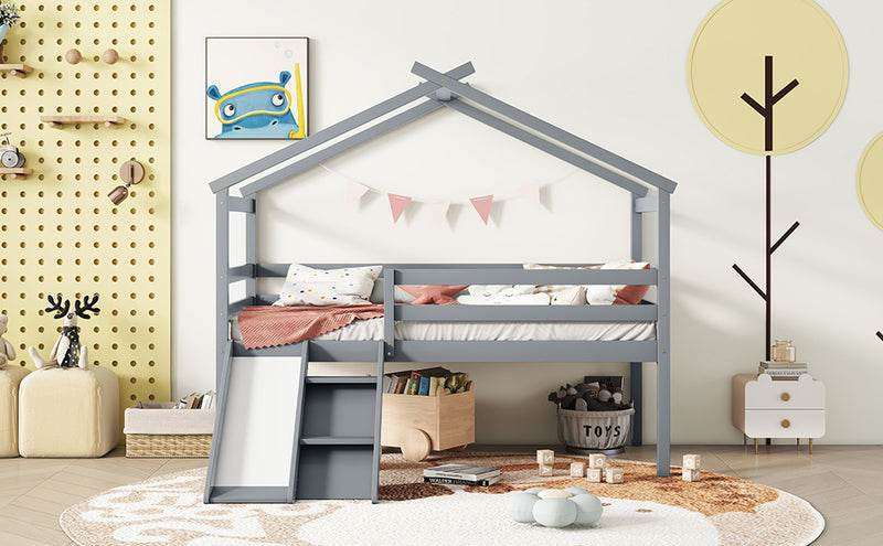 Twin Low Loft House Bed with Slide,  Ladder, Safety Guardrails, House Roof Frame,Grey