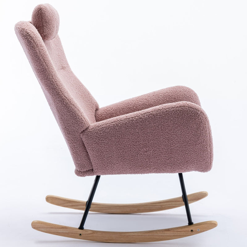 Rocking Chair With Pocket, Soft Teddy Fabric Rocking Chair For Nursery, Comfy Wingback Glider Rocker With Safe Solid Wood Base