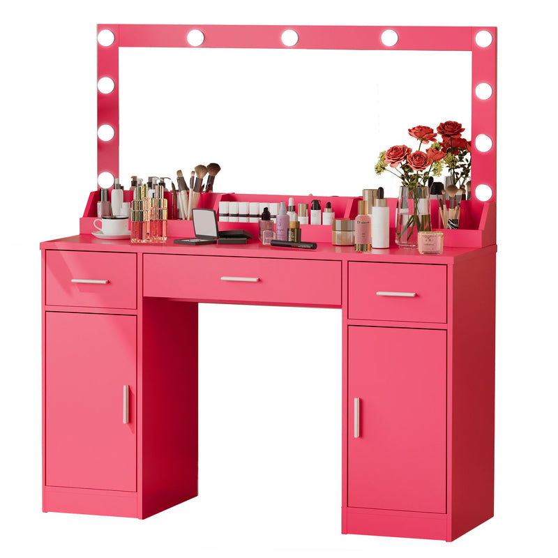 Vanity Desk With Large Mirror, 3 Colour Lighting Modes, Adjustable Brightness, Dresser With 3 Drawers & 2 Vertical Cabinets, Makeup Vanity Table For Women & Girls