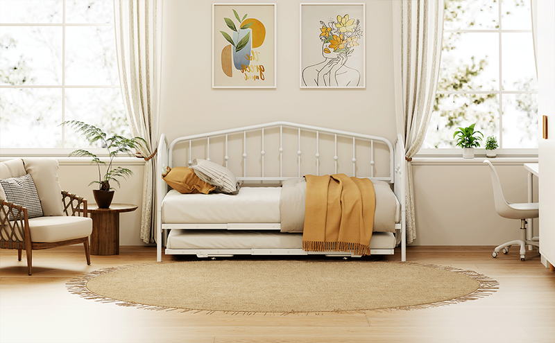 Twin Size Stylish Metal Daybed with Twin Size Adjustable Trundle, Portable Folding Trundle, White