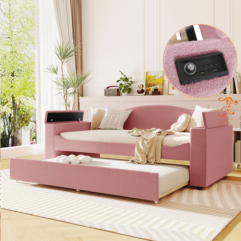 Twin Size Upholstered Daybed with Storage Armrests, Trundle and Latest Integrated Bluetooth Audio System, Teddy Fleece, Pink