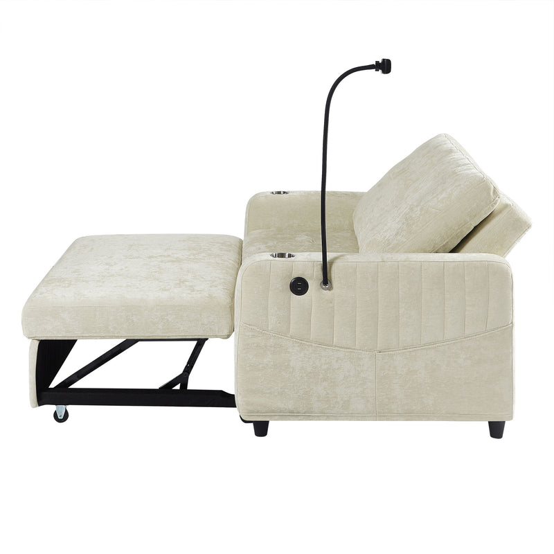 Modern Loveseat Pull Out Sofa Bed With Adjustable Backrest, Two Cup Holders, A Phone Holder, Three Charging Ports And Side Storage Pockets For Living Room