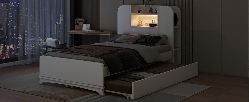 Twin Size Storage Platform Bed Frame with with Trundle and Light Strip Design in Headboard,White