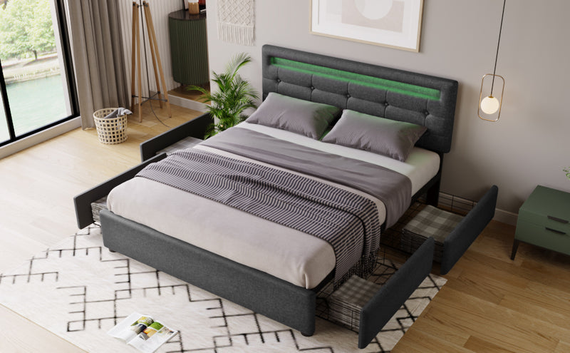 Bed Frame Queen Size, Upholstered Platform Bed Frame with 4 Storage Drawers and LED Lights & Adjustable Headboard,No Box Spring Needed,Grey