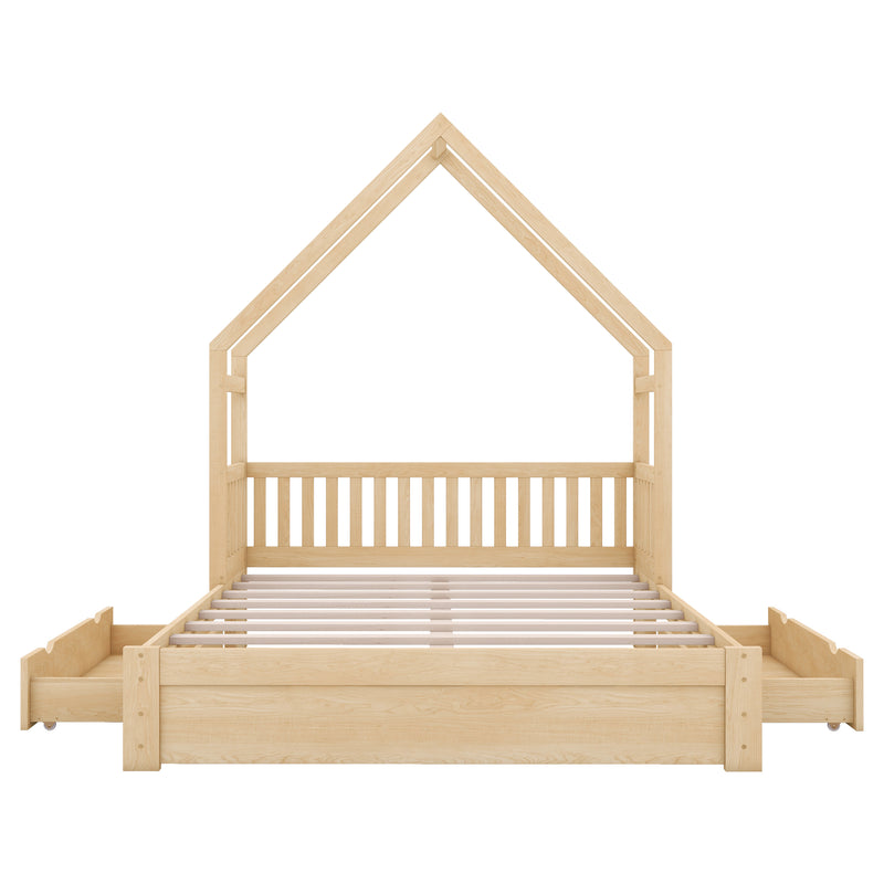 Wood Queen Size House Platform Bed with Guardrail and 2 Drawers, Natural (Expected Arrival Time:4.26)