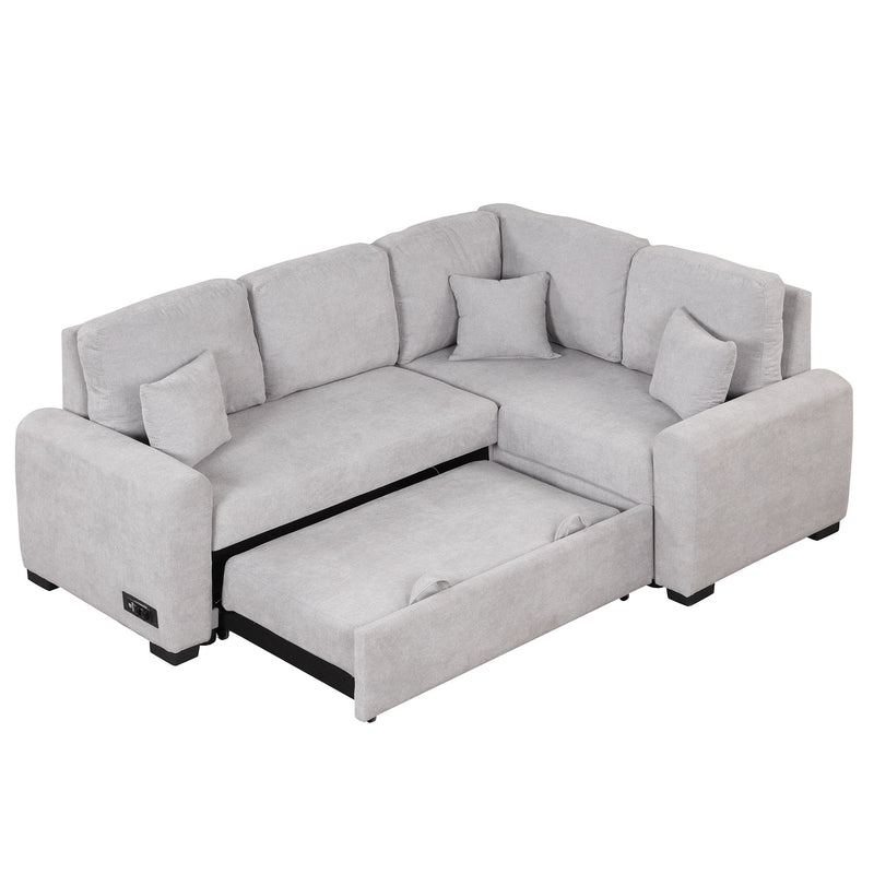 Sectional Sleeper Sofa With USB Charging Port And Plug Outlet, Pull-Out Sofa Bed With 3 Pillows, L-Shape Chaise For Living Room Small Apartment