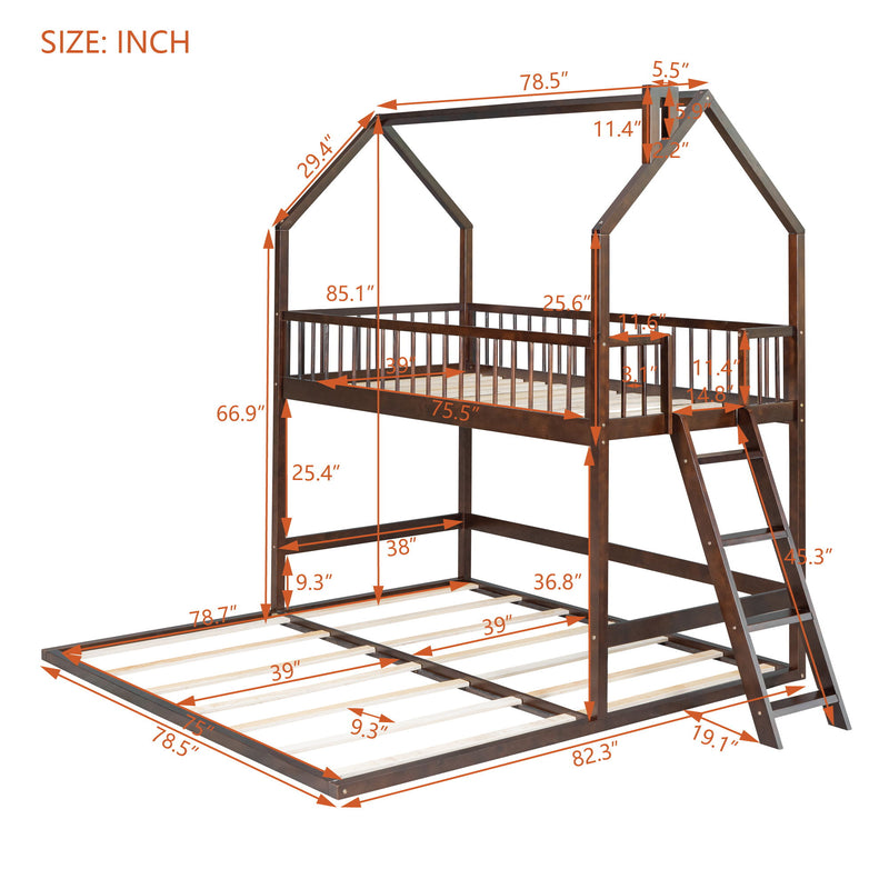 Twin Over Twin-Twin House Bunk Bed With Extending Trundle And Ladder - Espresso