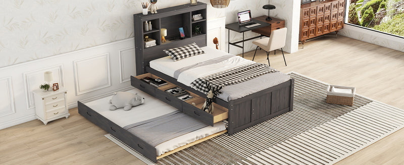 Twin Size Platform Bed with Storage Headboard, Charging Station, Twin Size Trundle and 3 Drawers, Antique Brown