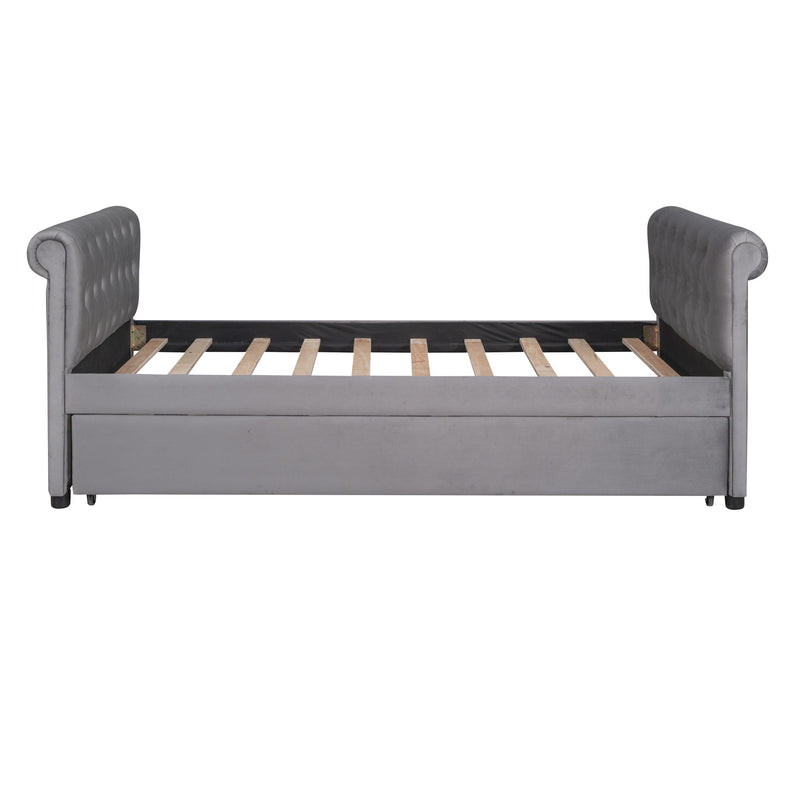 Twin Size Upholstered Daybed With Trundle, Wood Slat Support - Gray