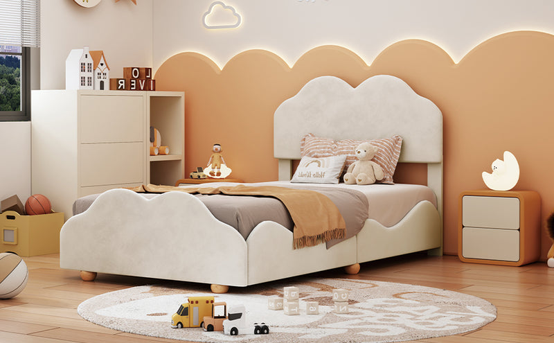 Twin Size Upholstered Platform Bed with Cloud Shaped bed board, Beige