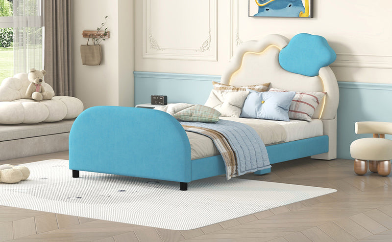 Twin Size Upholstered Platform Bed with Cloud-Shaped Headboard and Embedded Light Stripe, Velvet, Blue