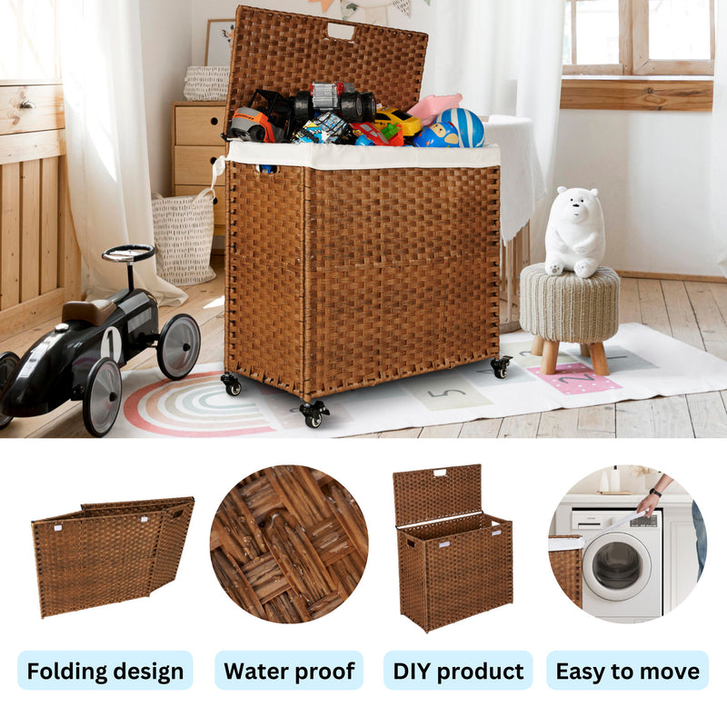 Laundry Hamper With Lid PE Rattan Powder Coating Frame Clothes Hampers With 2 Removable Bags