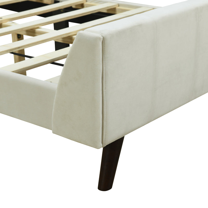 Twin Size Upholstered Platform Bed, Velvet, Beige