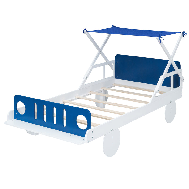 Wood Twin Size Car Bed with Ceiling Cloth, Headboard and Footboard, White+Blue