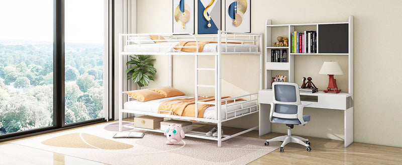 Full Over Full Metal Bunk Bed With Shelf And Guardrails - White