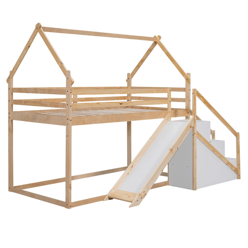 Twin Over Twin House Loft Or Bunk Bed With Slide And Staircase