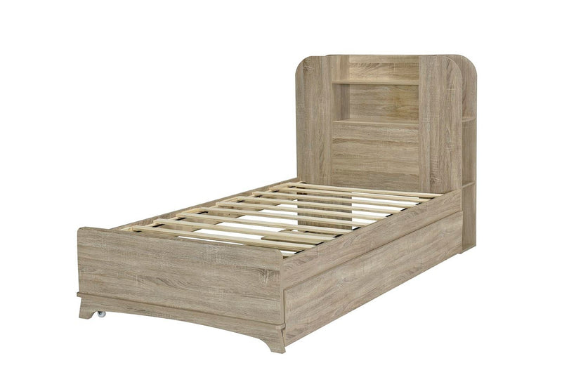 Twin Size Storage Platform Bed Frame with with Trundle and Light Strip Design in Headboard,Natural