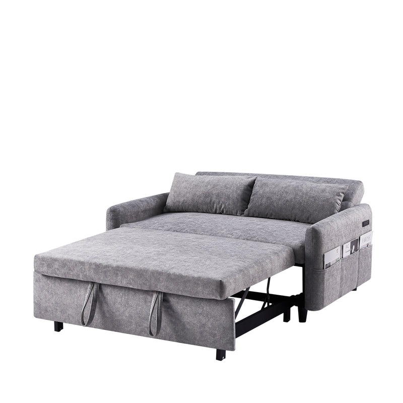 Pull Out Sleep Sofa Bed Loveseats Sofa Couch With Adjsutable Backrest, Storage Pockets, 2 Soft Pillows, USB Ports For Living Room, Bedroom, Apartment, Office