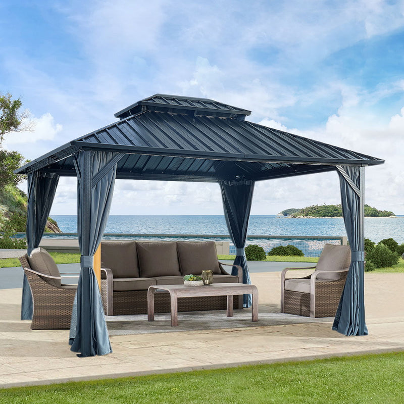 12X12' Gazebo Double Roof Canopy With Netting And Curtains, Outdoor Gazebo 2 Tier Hardtop Galvanized Iron Aluminum Frame Garden Tent For Patio, Backyard, Deck And Lawns - Black