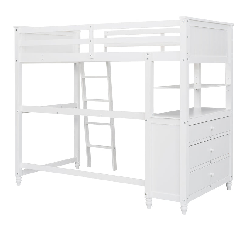 Twin size Loft Bed with Drawers and Desk, Wooden Loft Bed with Shelves - White(OLD SKU: LT001530AAK)